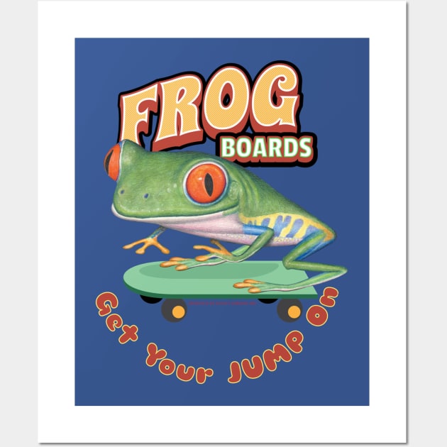 Cute Funny Red Eyed Tree Frog on Skateboard Wall Art by Danny Gordon Art